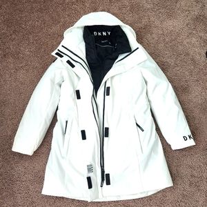DKNY Dual Coat/Parka/Jacket Hooded White & Black Sz Med